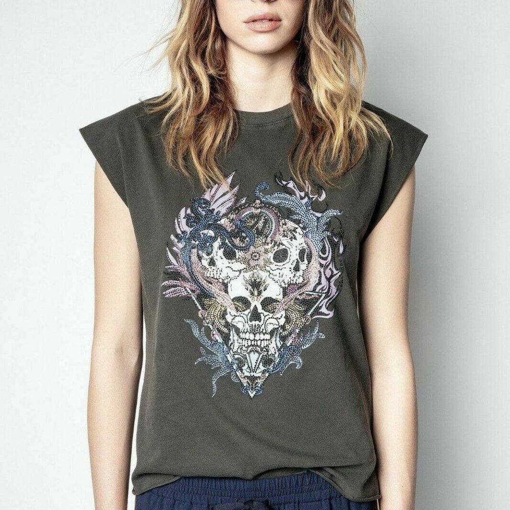 Zadig & Voltaire Olive Green Graphic Skull Muscle Tee